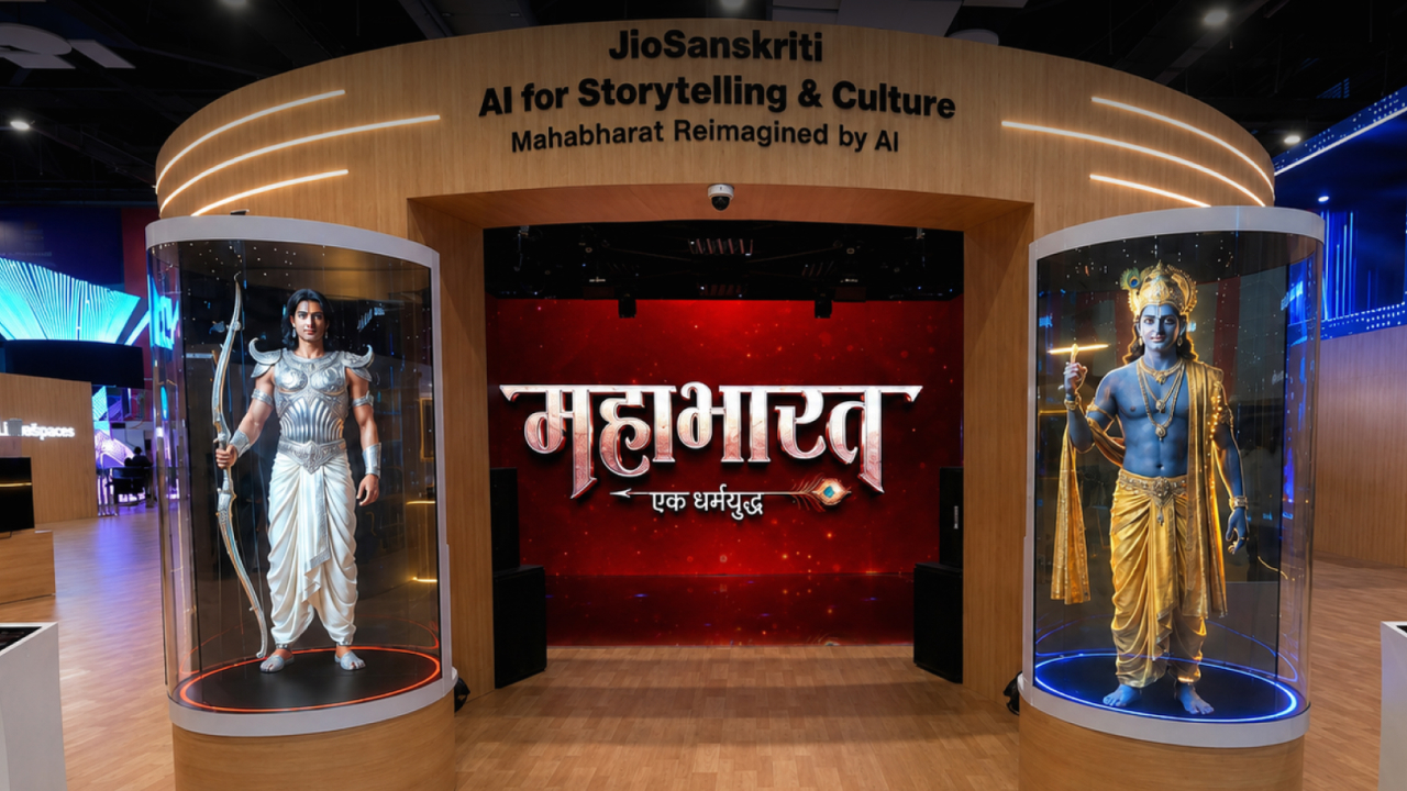 JioSanskriti AI storytelling experience with holographic Arjun and Krishna displays at the JioHotstar pavilion